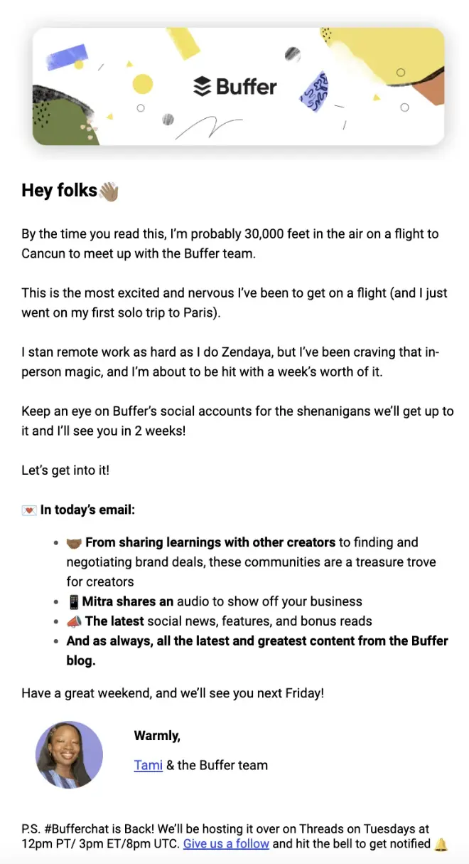 This image shows a screenshot of Buffer email newsletter targeted at a specific audience
