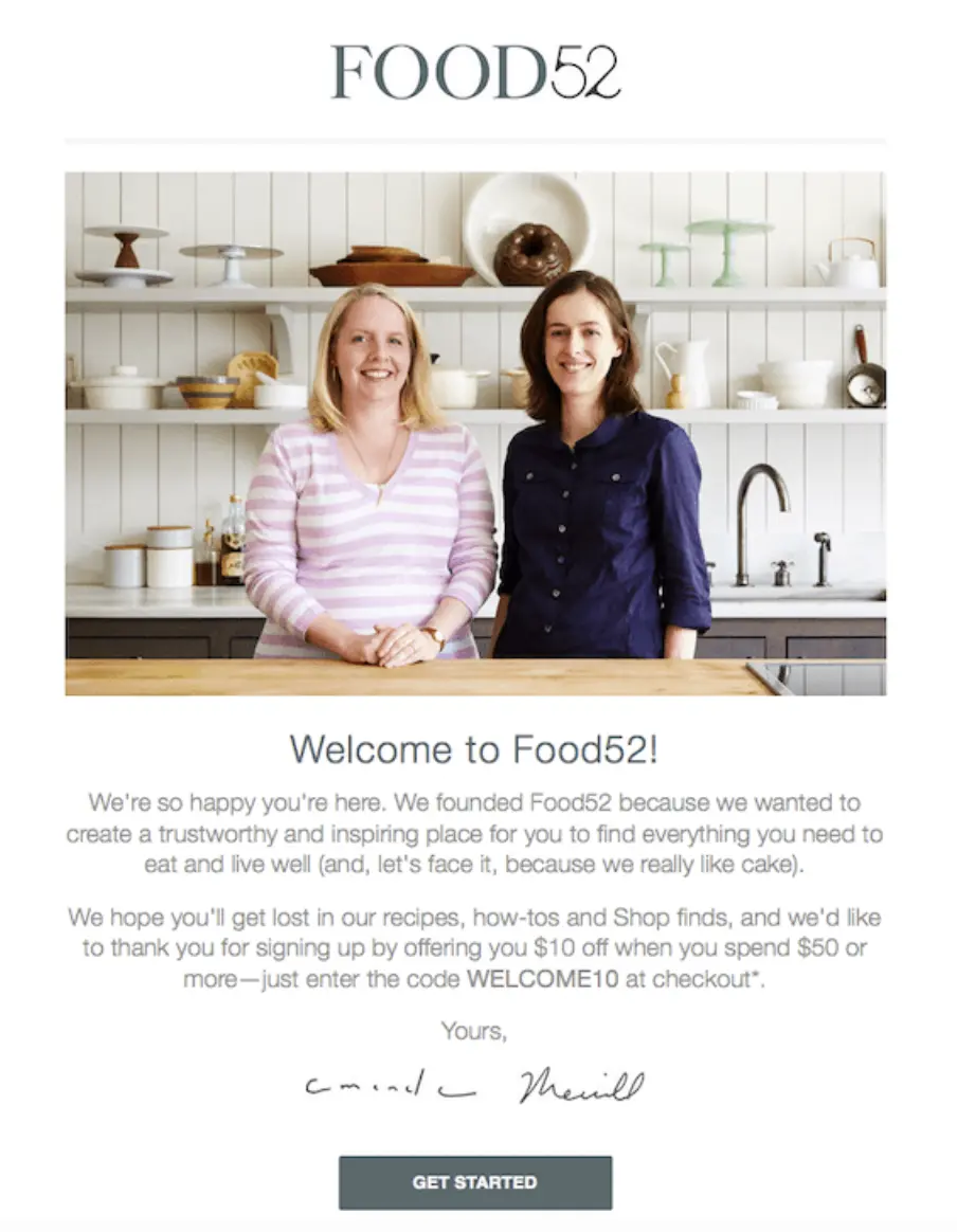 This image shows a screenshot of Food 52 welcome email newsletter