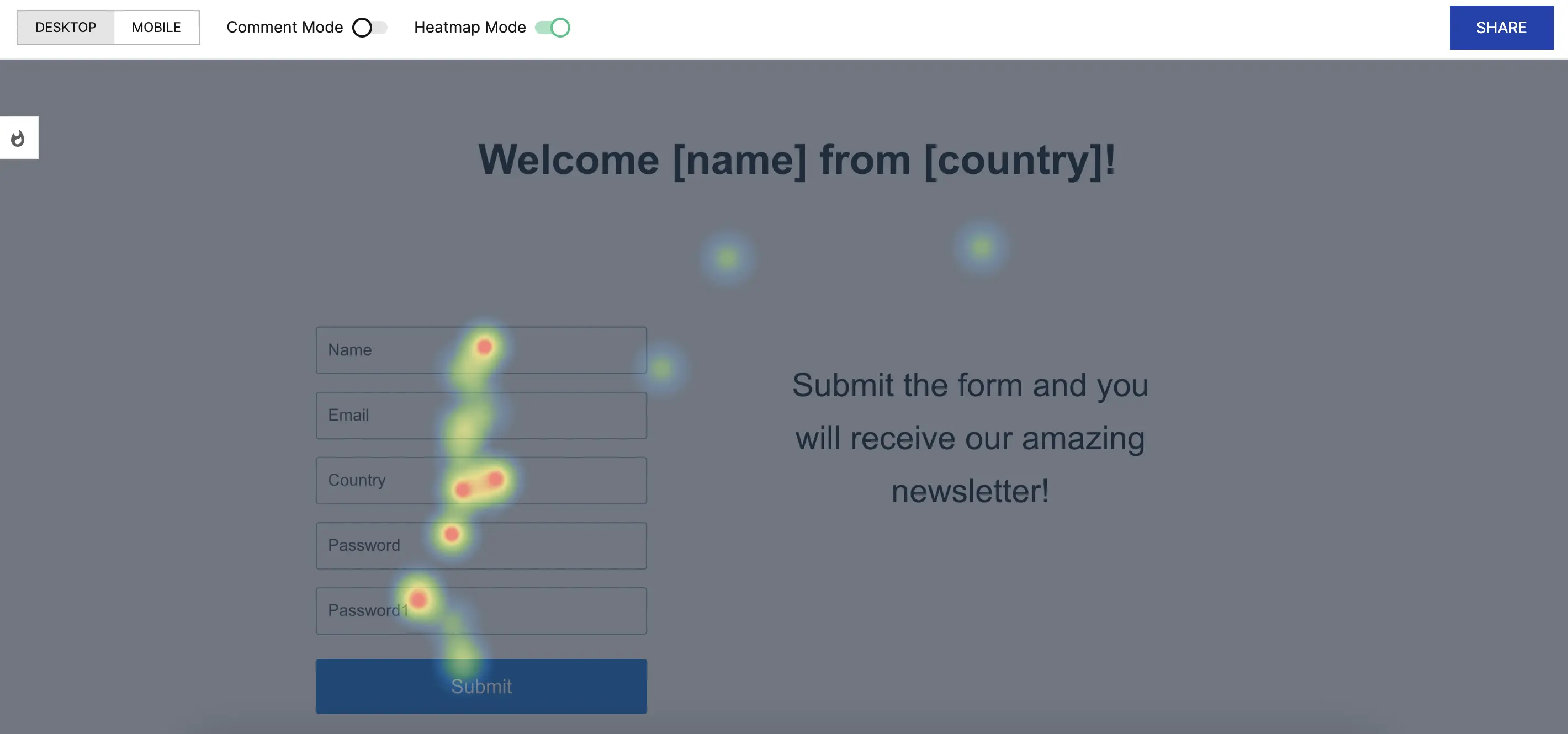 This image shows a screenshot of Instapage heat maps functionality