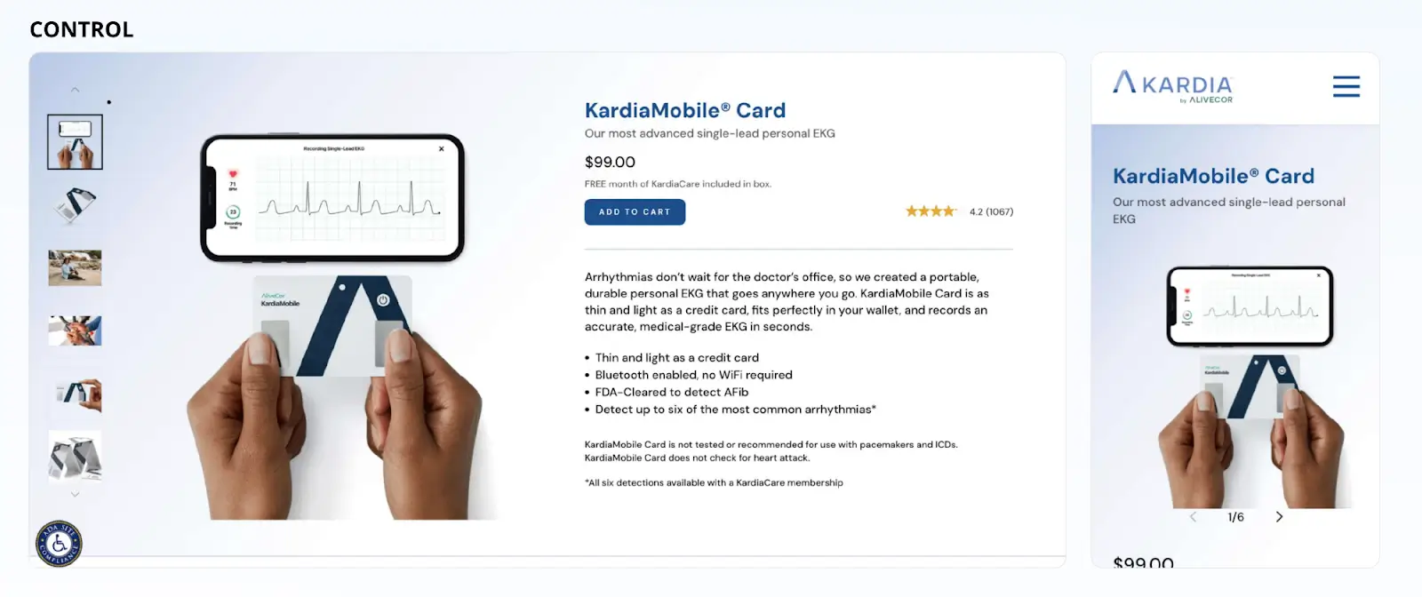 This image represents the control version of KardiaMobile Card product page interface