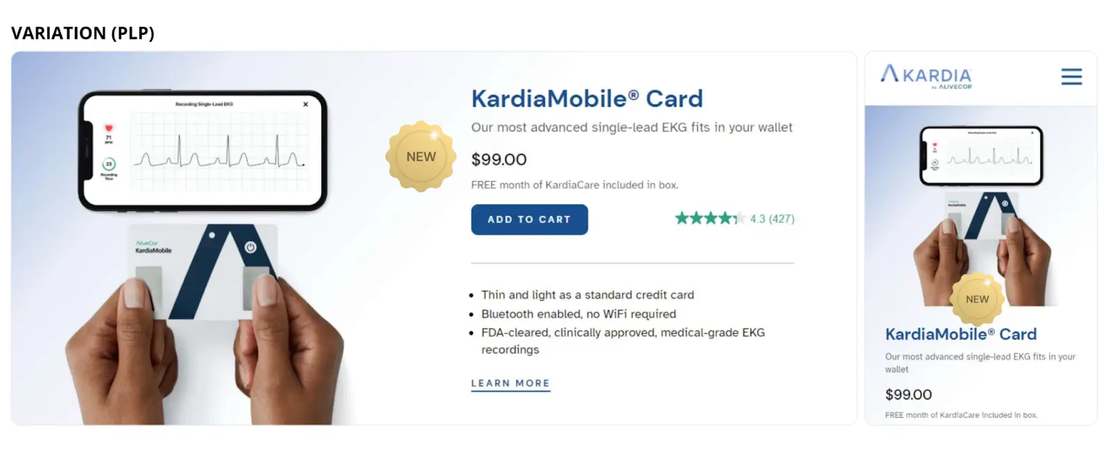 This image represents KardiaMobile Card testing variation of a product page interface with smaller badge
