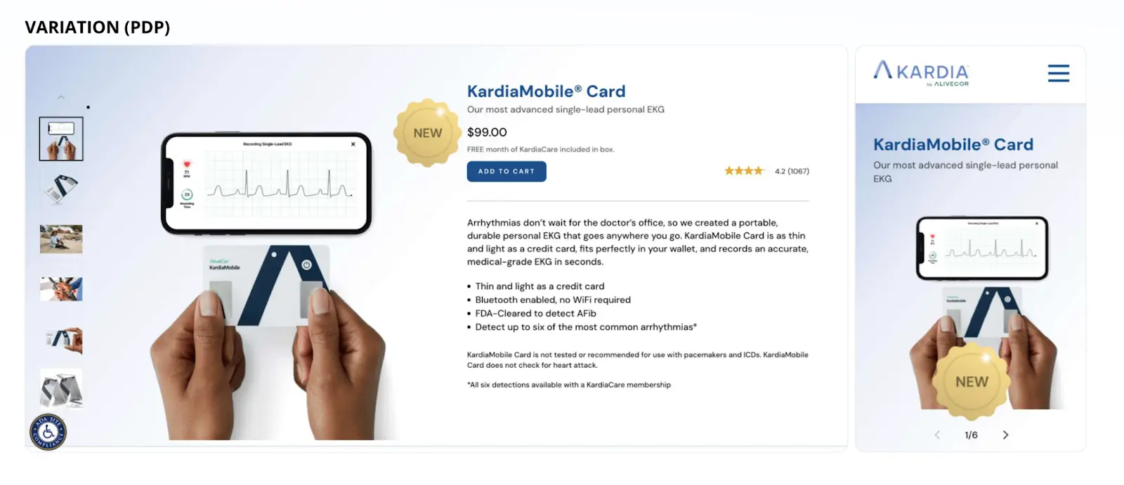 This image represents KardiaMobile Card testing variation of a product page interface with a bigger badge
