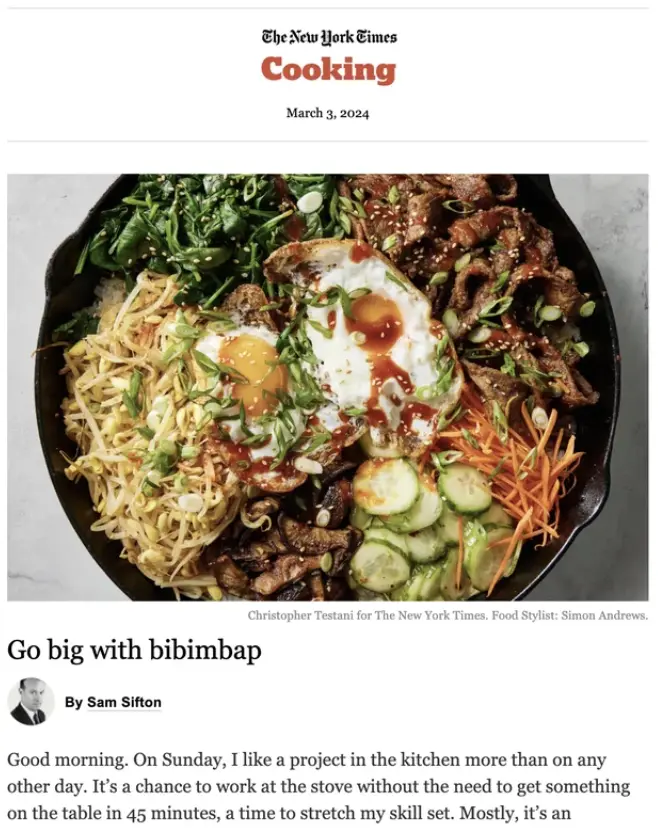 This image demonstrates the use of attractive imagery in the New York Times cooking email newsletter