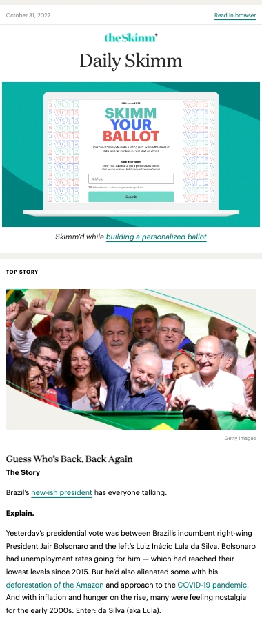 This image is a screenshot of theSkimm email newsletter with a top news roundup