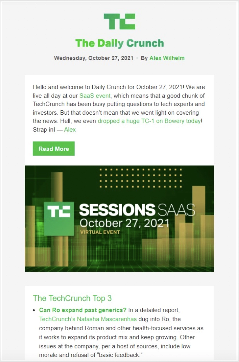 This image is a screenshot of the Daily Crunch, an email newsletter by Tech Crunch