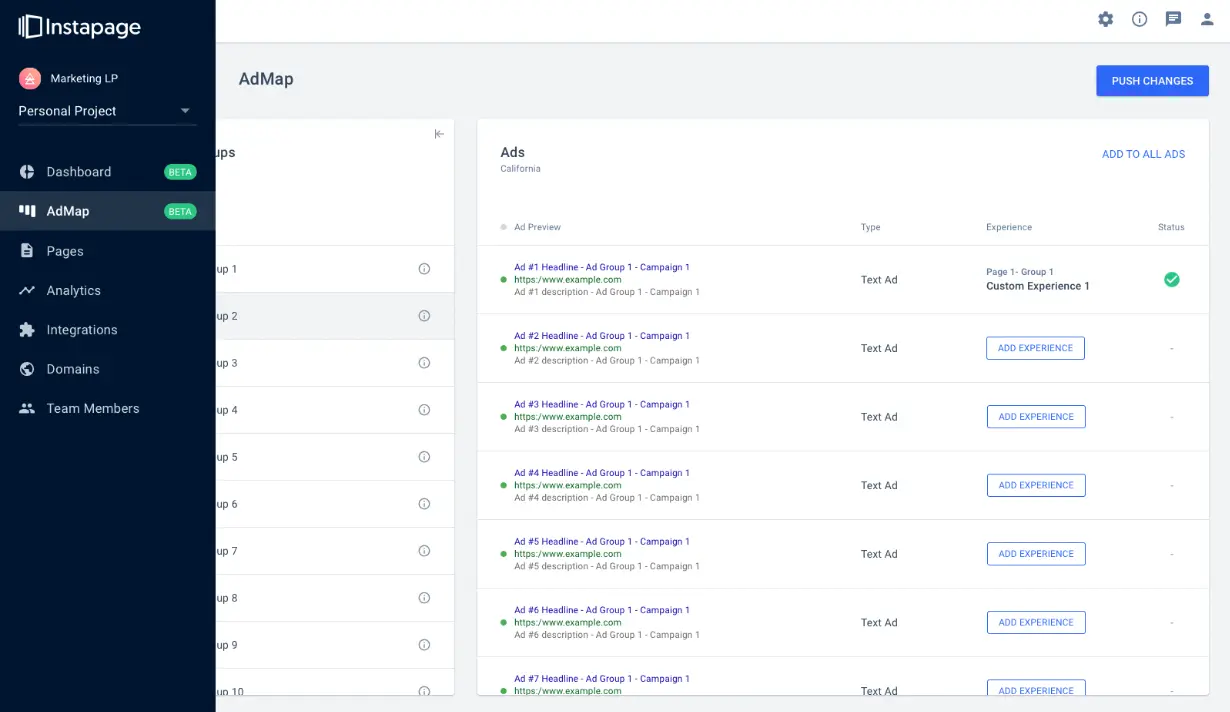 This image shows a screenshot of Instapage AdMap feature