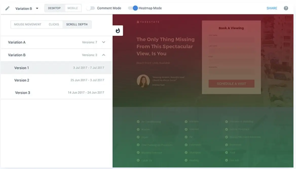 This image is a demonstration of the Instapage heat map feature