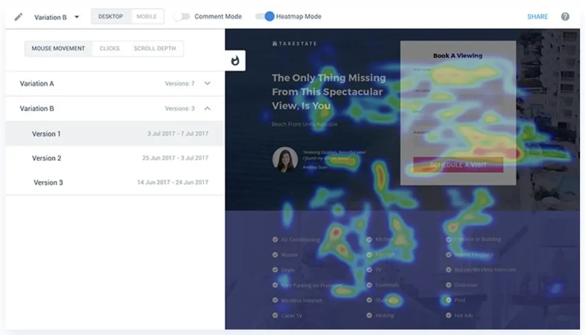This image is a demonstration of the Instapage heat map feature