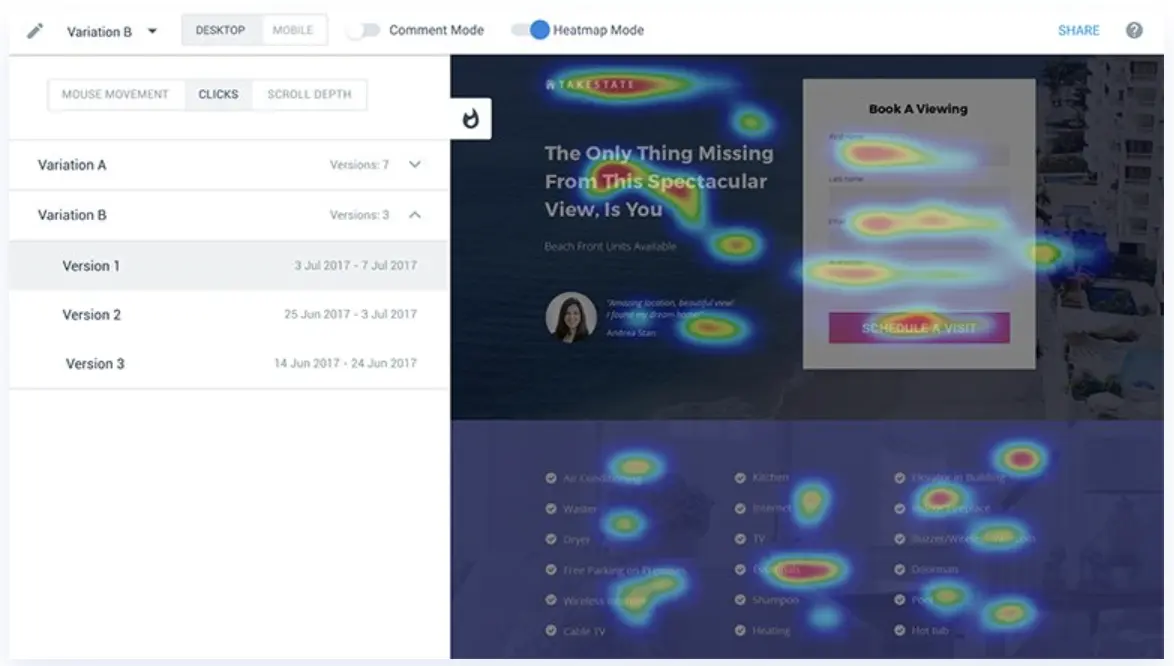 This image is a demonstration of the Instapage heat map feature