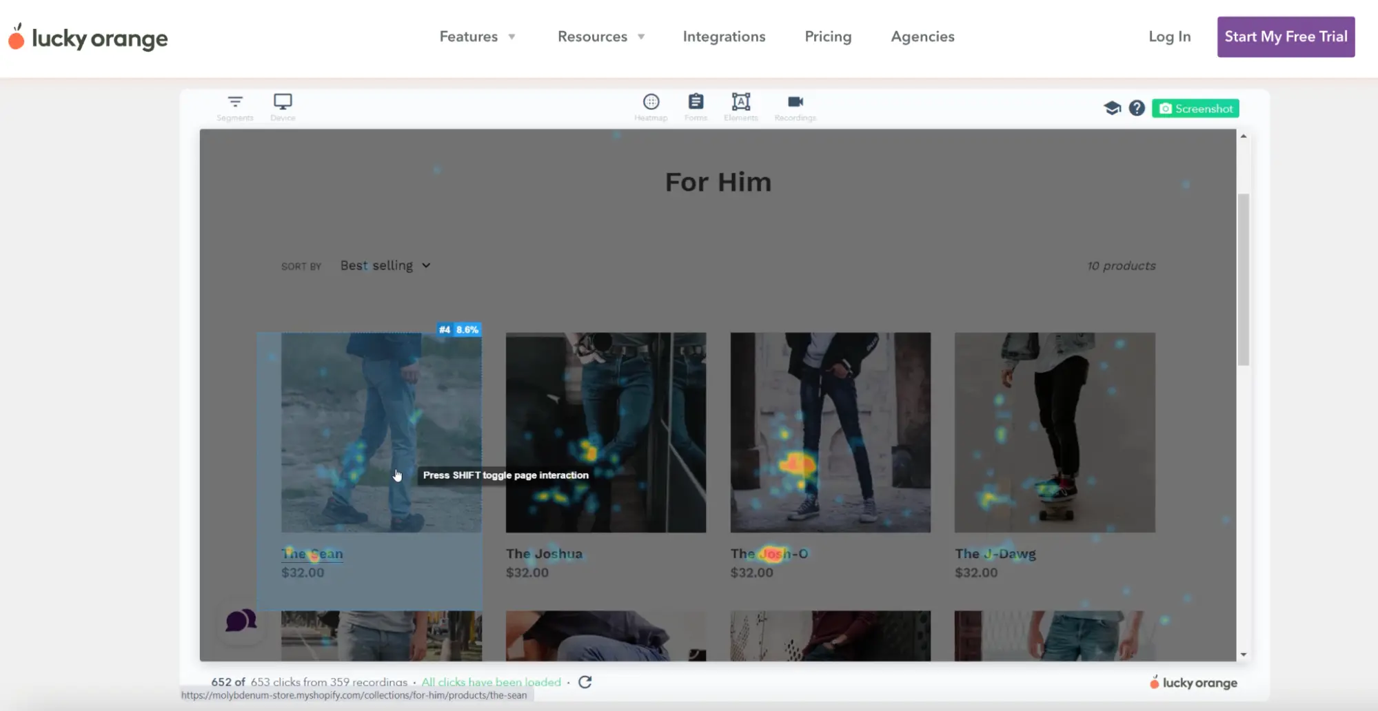 This image shows a screenshot of Lucky Orange heat map tool homepage
