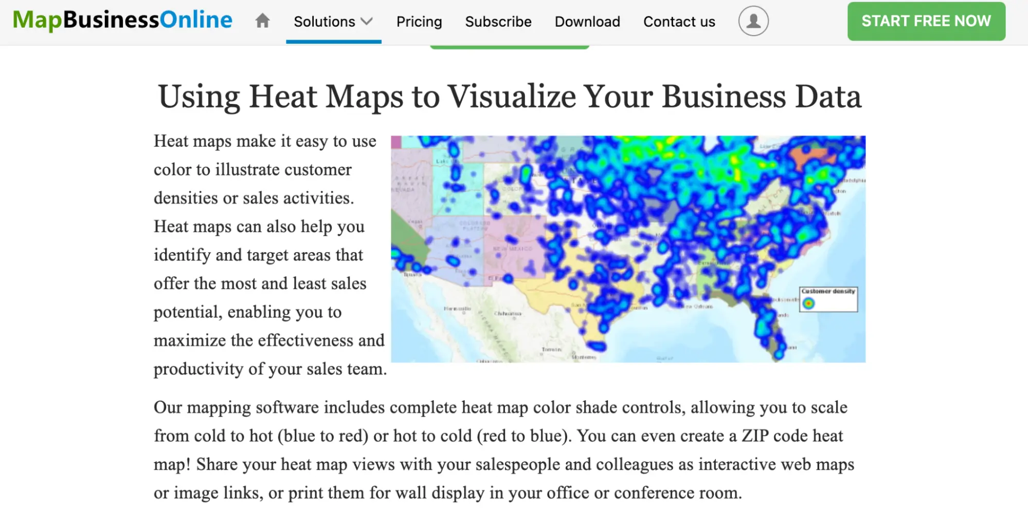 This image shows a screenshot of MapBusinessOnline heat map tool homepage