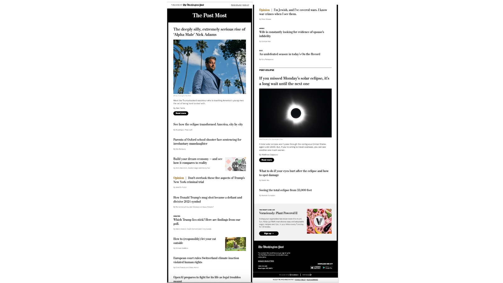 This image shows a screenshot of The Washington Post newsletter, The Post Most, that showcases trending website articles that other readers are loving.