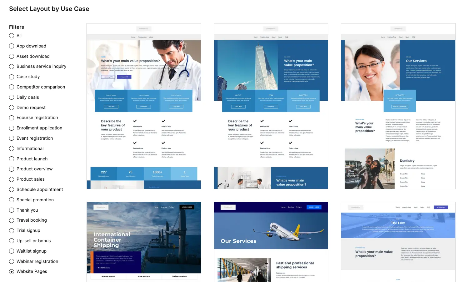 This image shows an example of what website page templates look like in Instapage