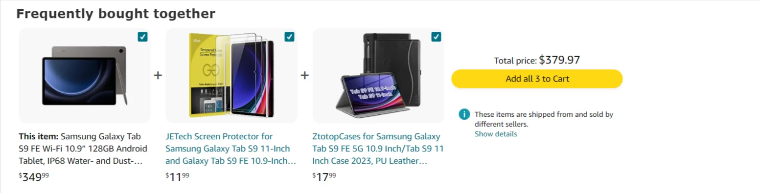 This image shows an example of Amazon product page offering bundles as a cross-selling tactic