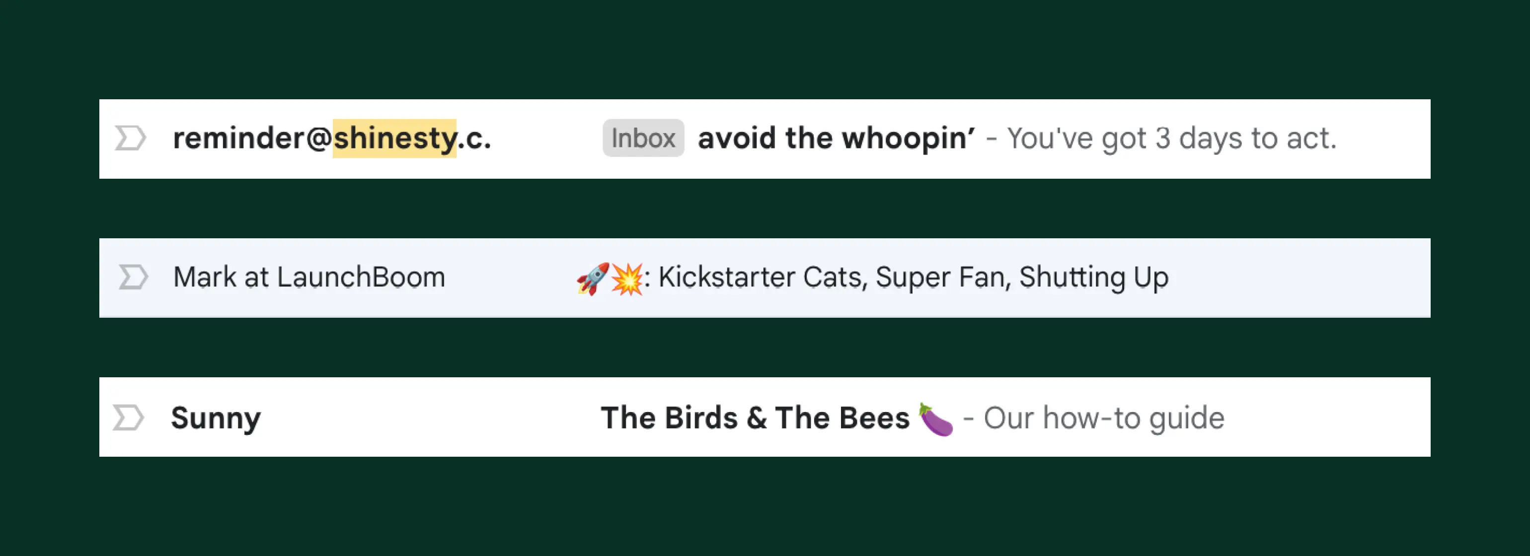 This image provides several examples of funny email subject lines that provoke emotions