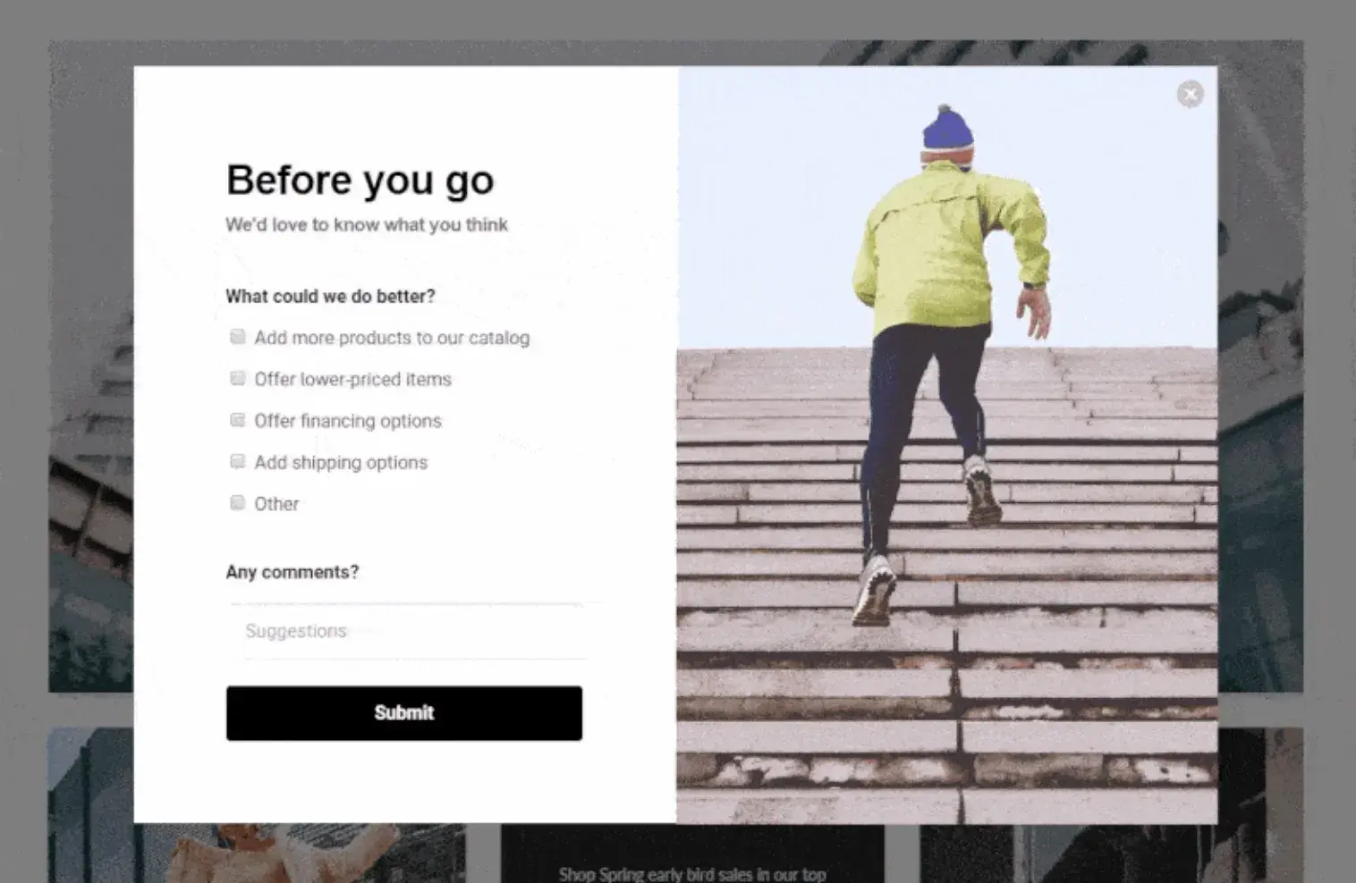 This image shows an example of an exit popup used in attempt to improve user engagement on a website