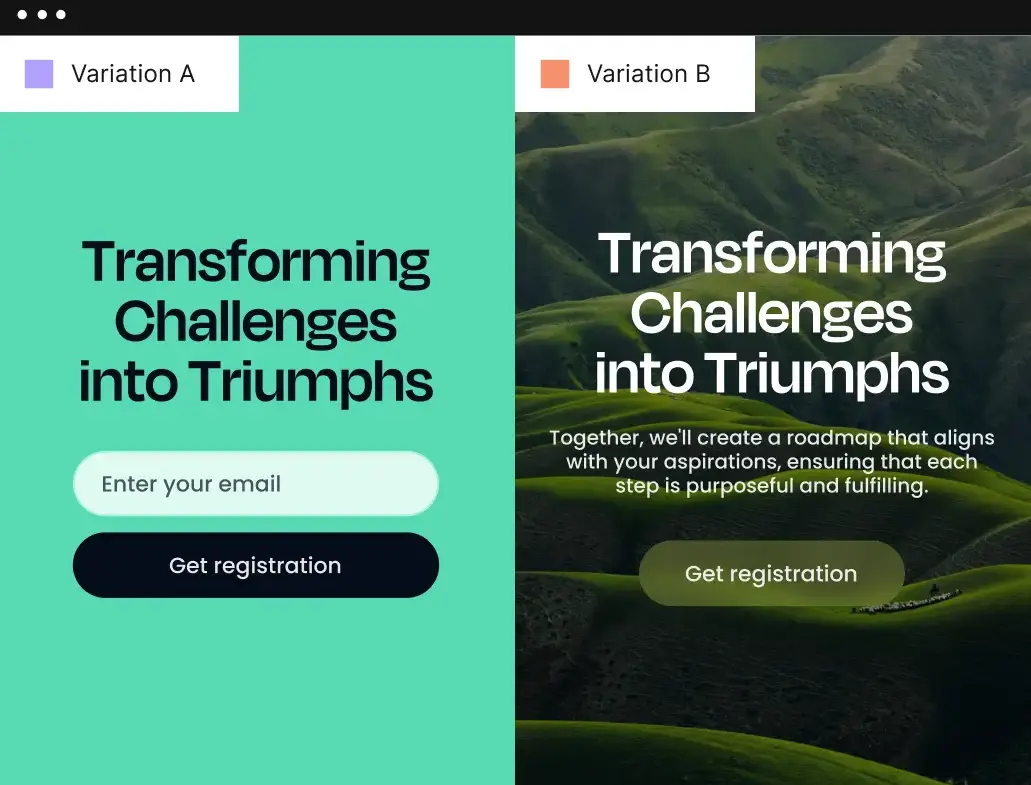 This image shows an example of an A/B testing of landing pages