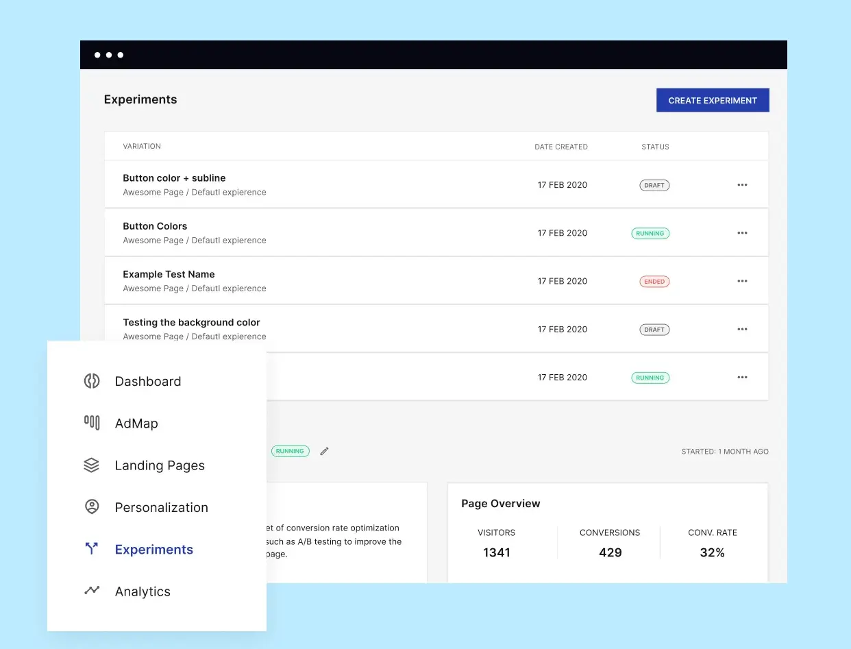 This image is a screenshot showing Instapage A/B testing functionality