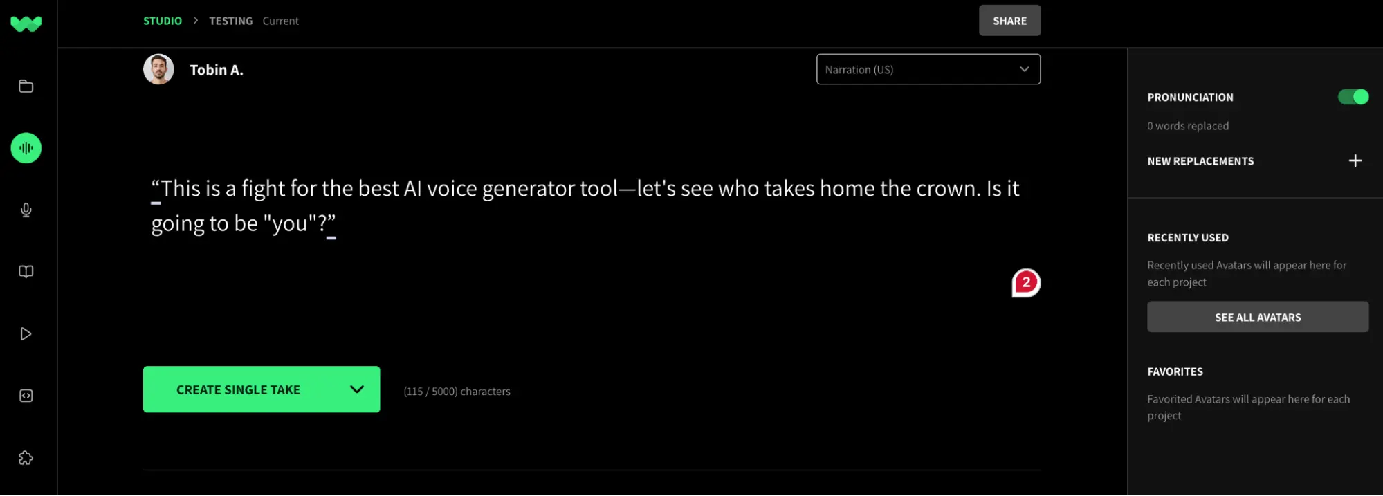 This is a screenshot showing WellSaid AI generator tool interface