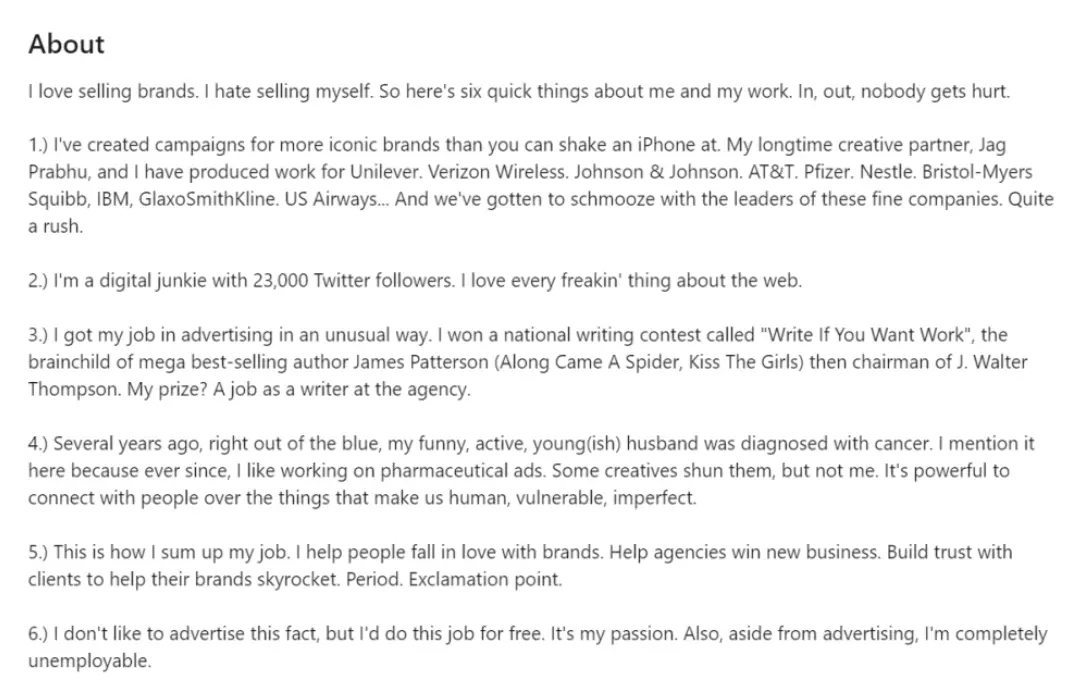 This image shows an example of a good LinkedIn profile summary