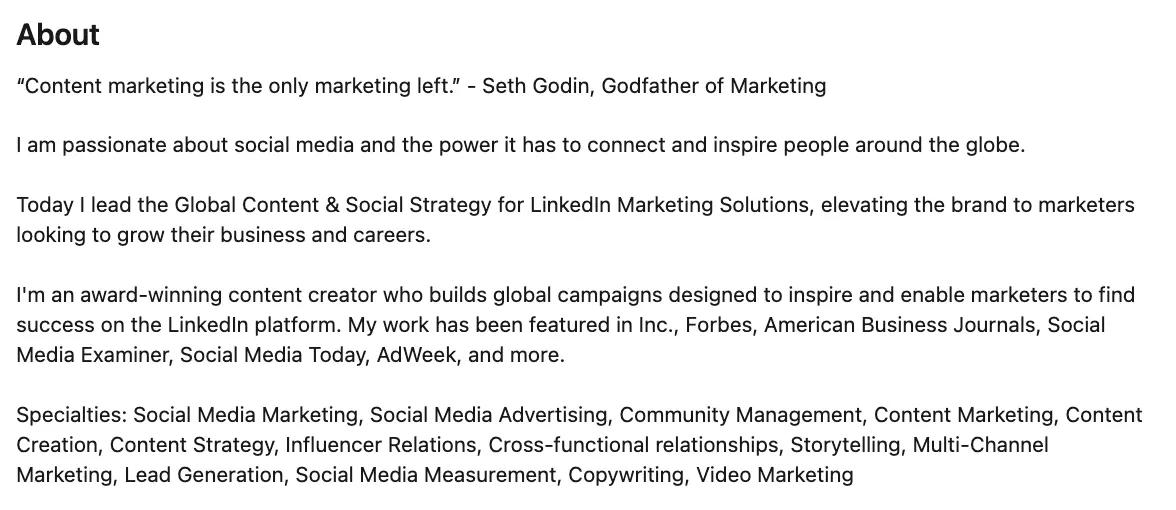 This image shows an example of LinkedIn profile summary for content marketing specialists