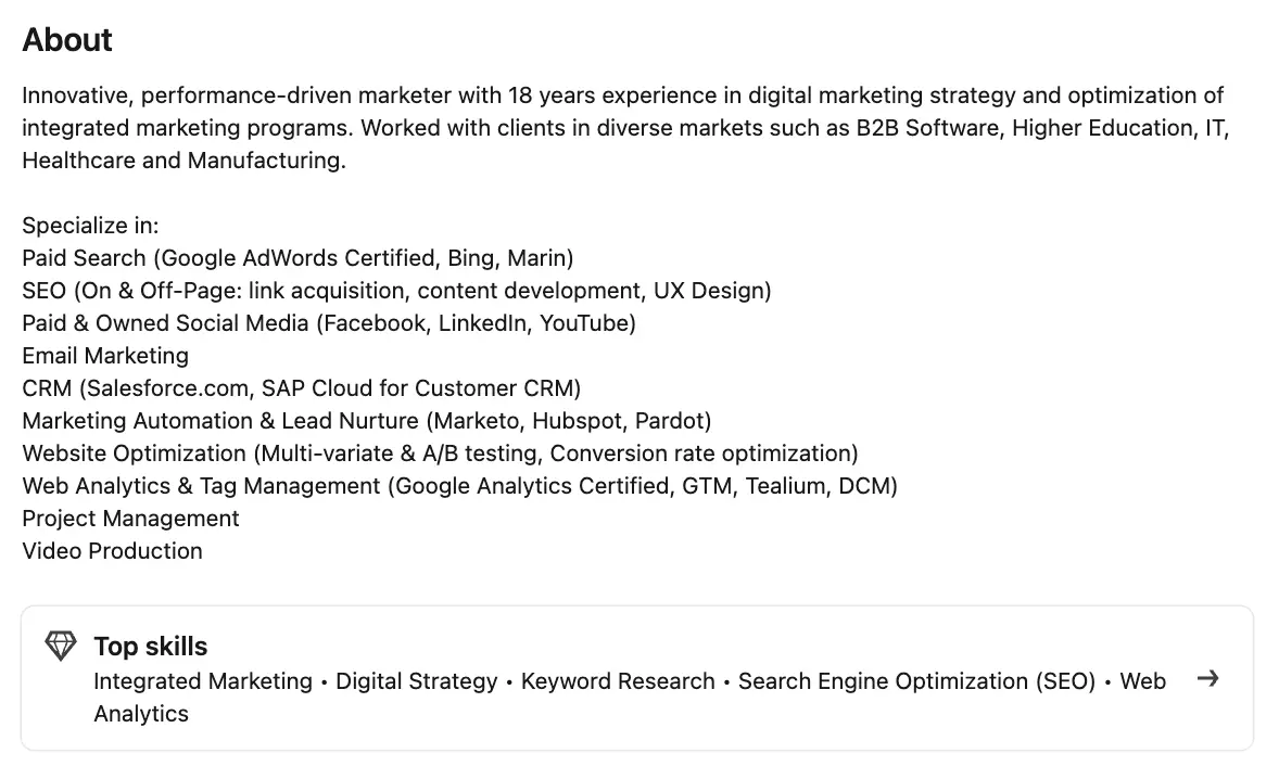 This image shows a LinkedIn profile summary for digital marketing professionals