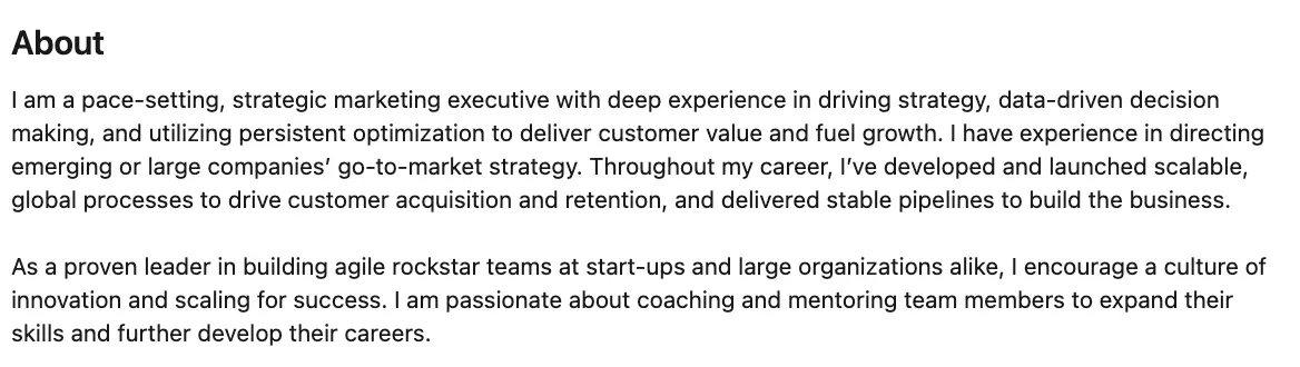 This image shows an example of LinkedIn profile summary for job seekers