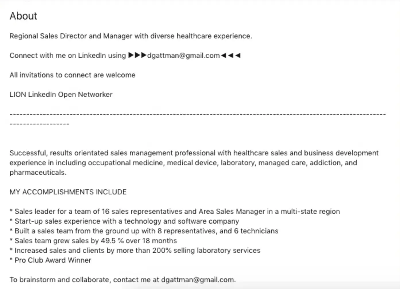 This image shows an example of LinkedIn profile summary for sales professionals