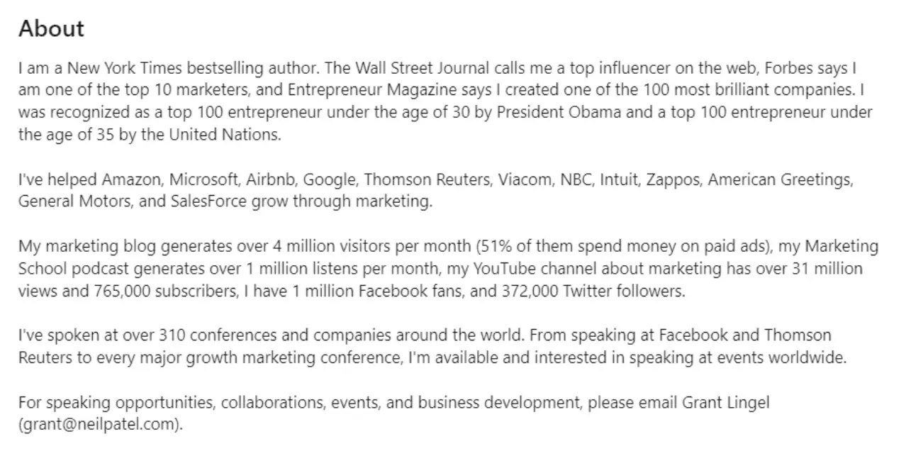 This image shows an outstanding LinkedIn profile summary example