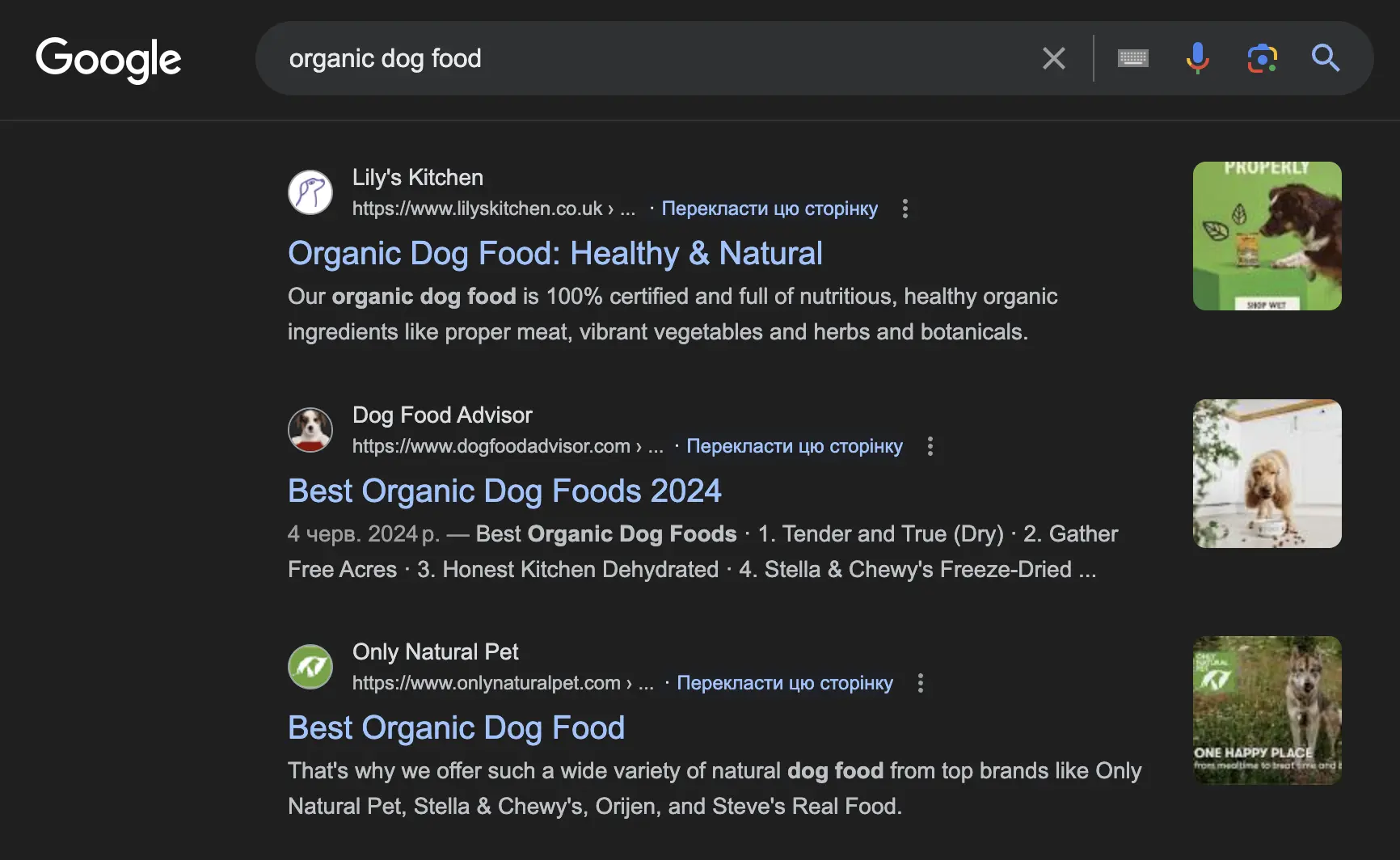 This image shows what Google SERP looks like for the "organic pet food" keyword