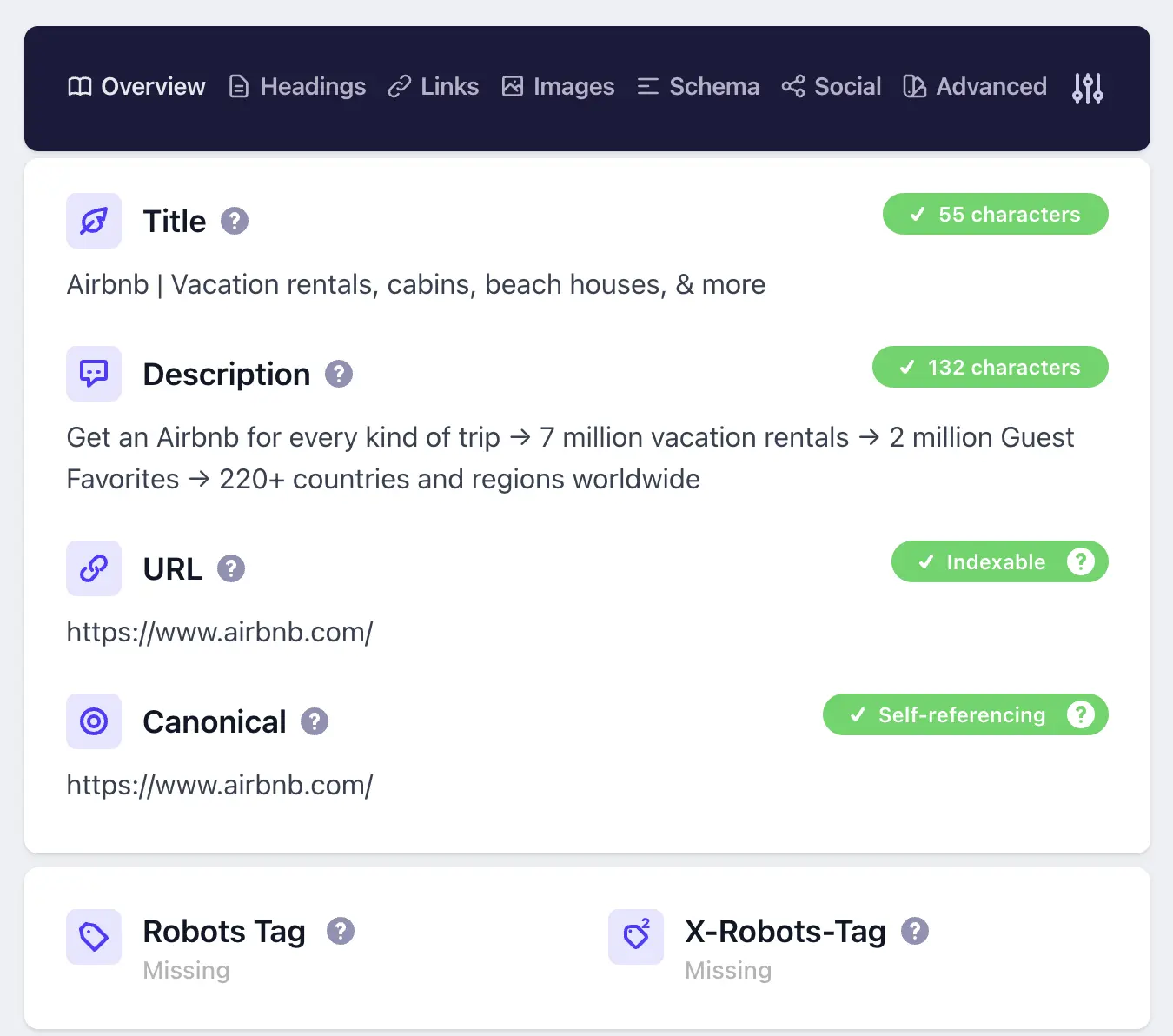 This image shows a screenshot of Chrome SEO Extension results for AirBnb