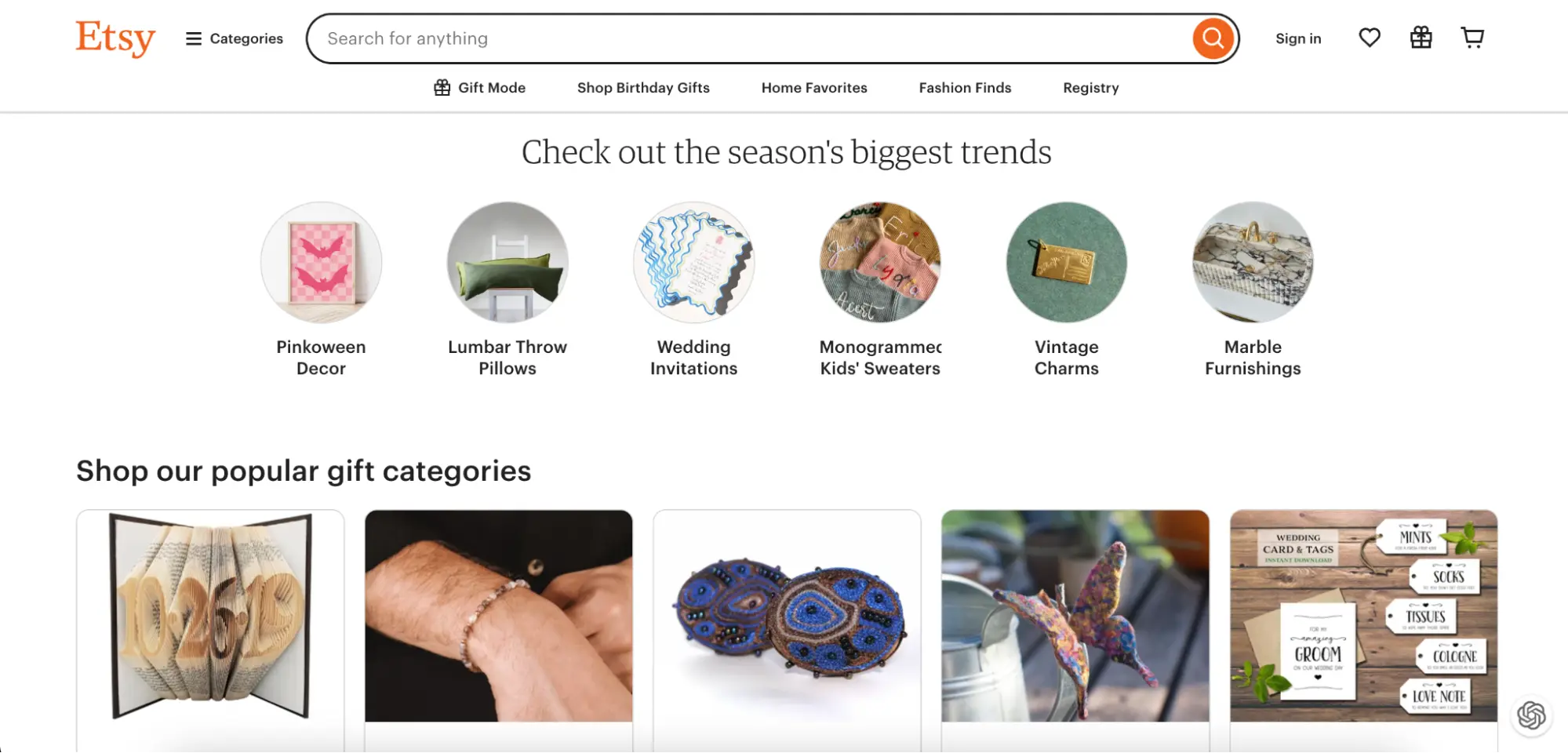 This image shows Etsy website homepage screenshot