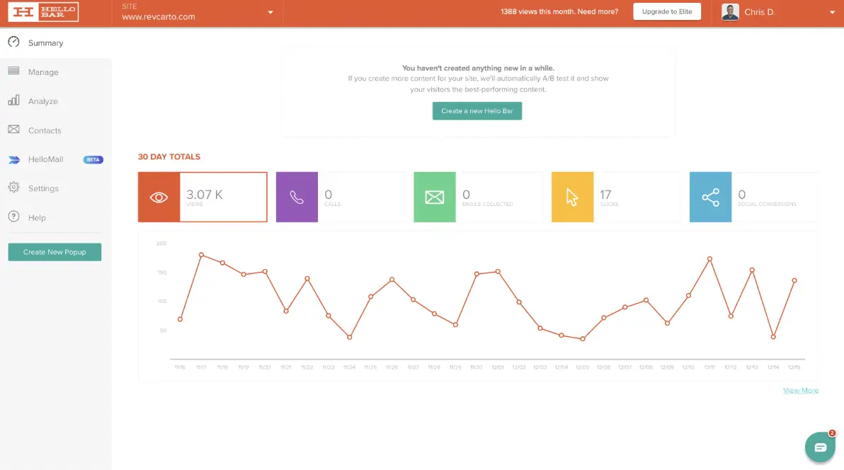This image shows a screenshot of a Hello Bar dashboard