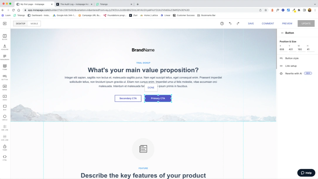 This image shows a screenshot of Instapage dashboard