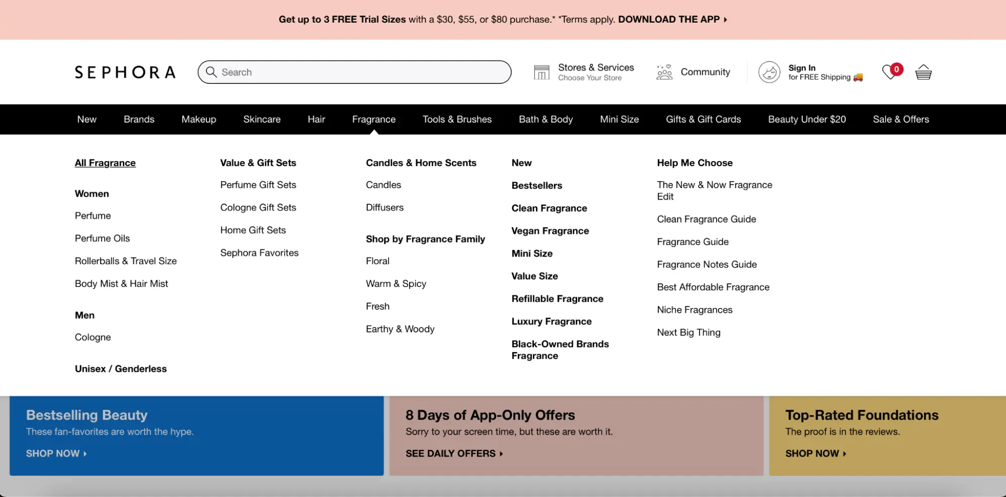 This image is a screenshot of intuitive navigation on Sephora website