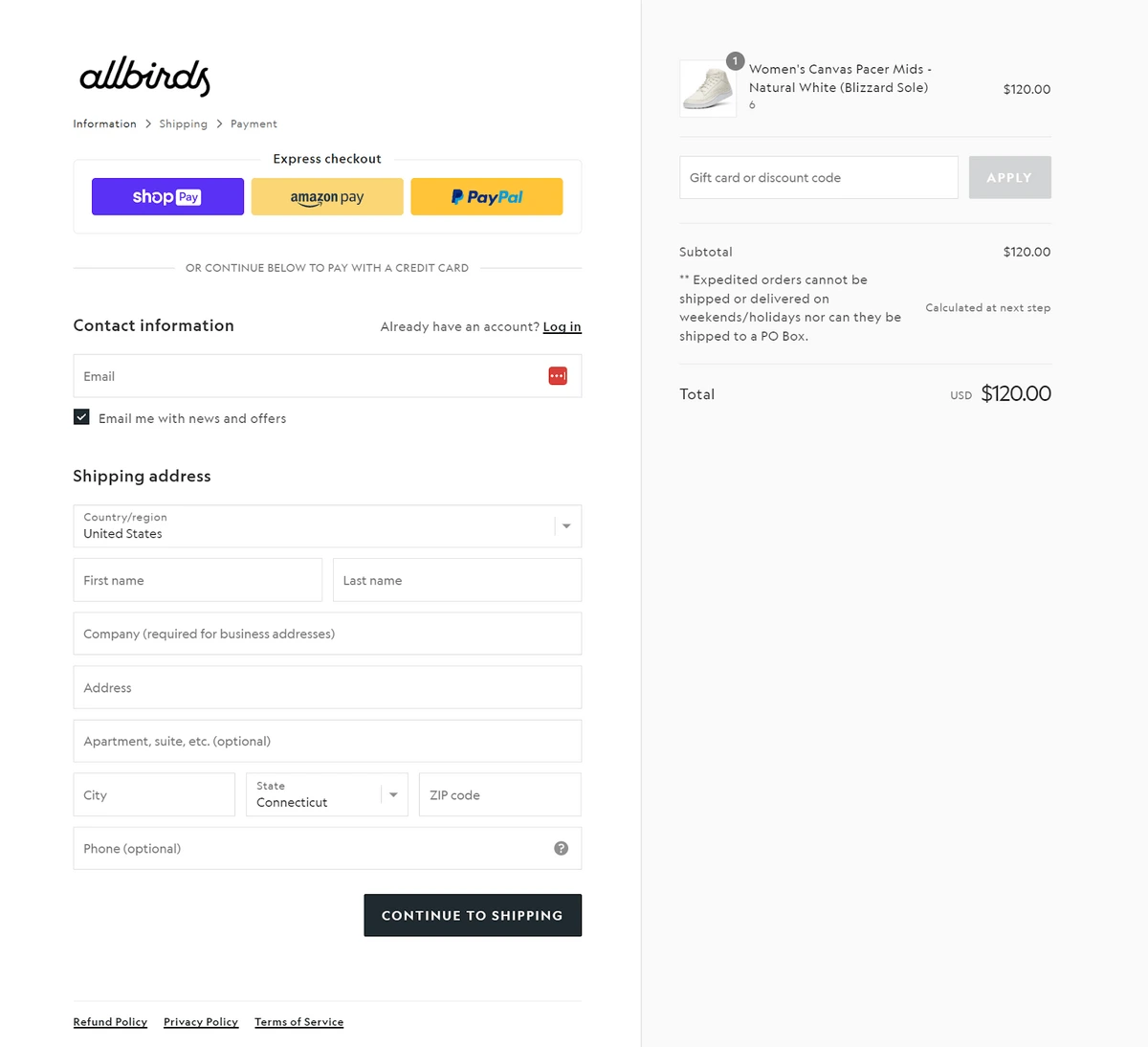 This image shows a screenshot of Allbirds checkout page