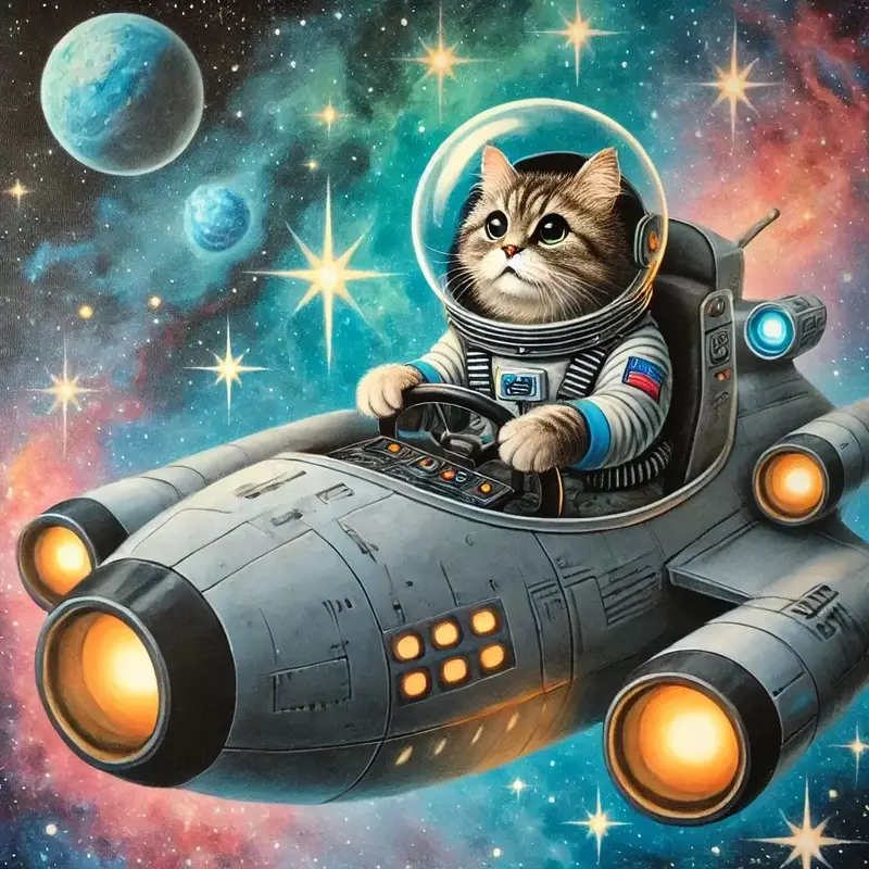 This is an AI-generated image of a cat flying on a spaceship