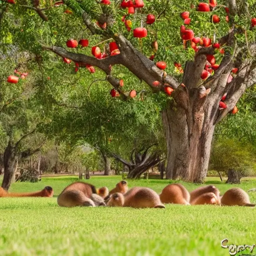 Capybaras relaxing under the shade of red apple trees