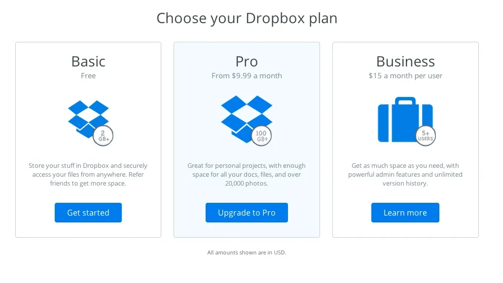 This image shows Dropbox pricing policy screenshot