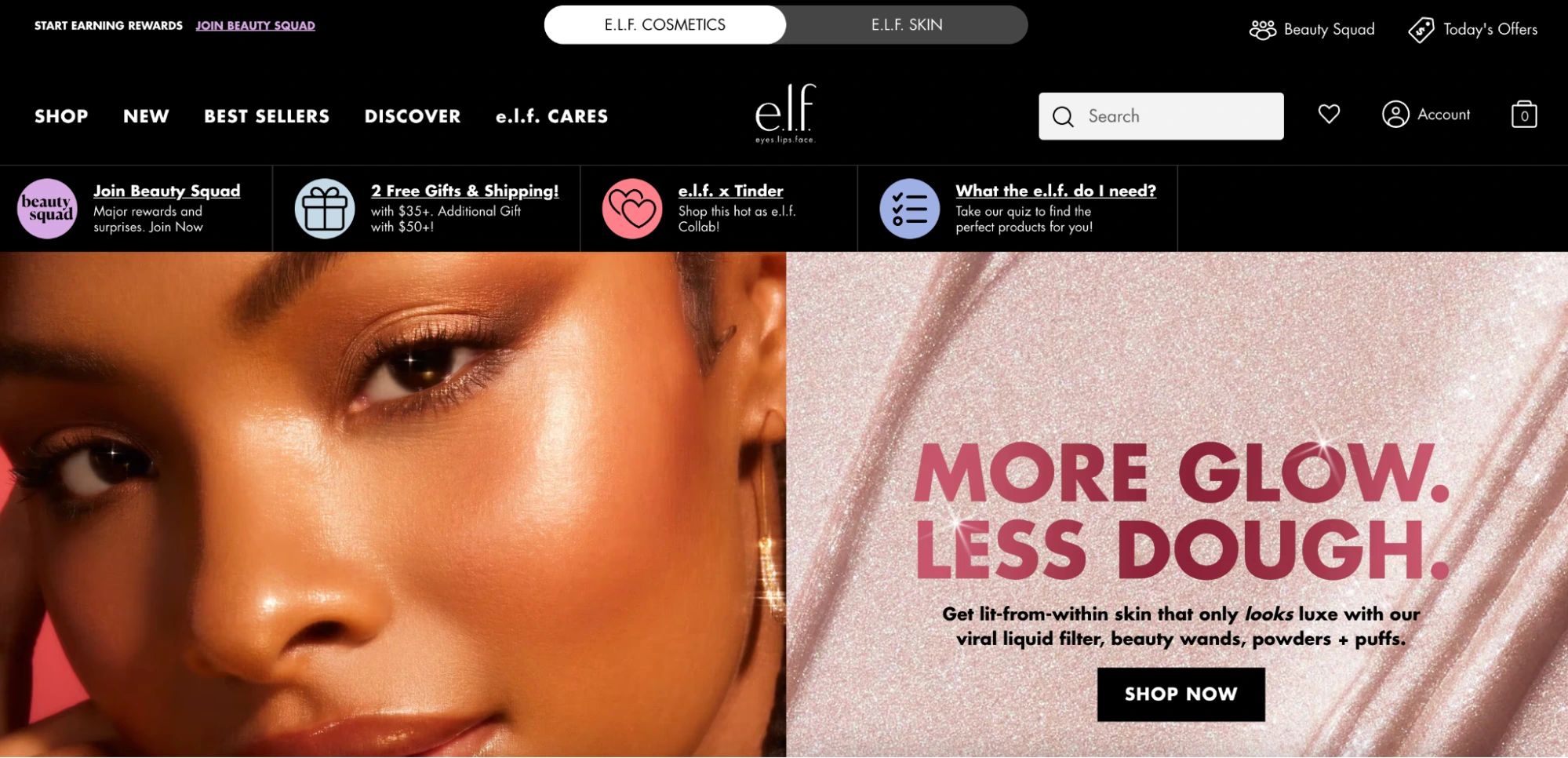 This image shows a screenshot of the E.L.F. homepage