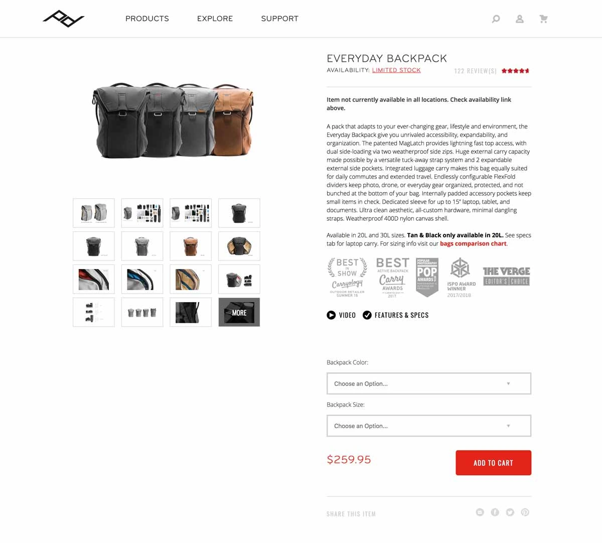 This images shows a screenshot of a Peak Design Everyday Backpack product page