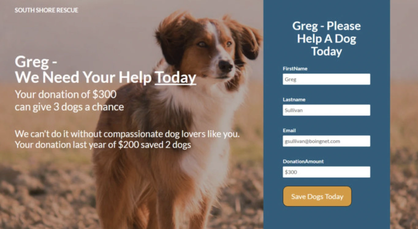 This image shows an example of a personalised greeting block placed on a landing page