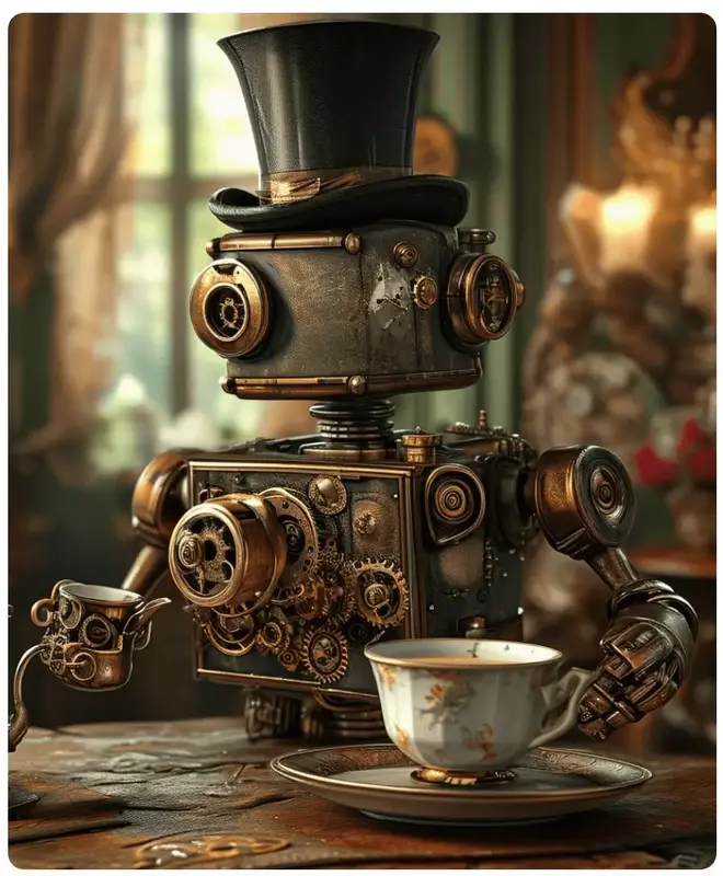 This image shows an AI-generated image of a steampunk robot pouring tea into a cup