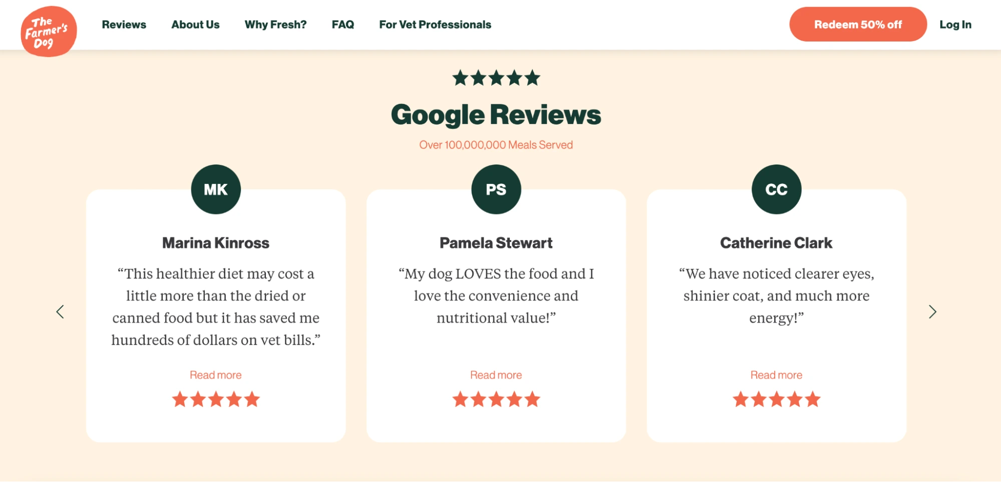 This image shows a screenshot of The Farmer's Dog reviews page