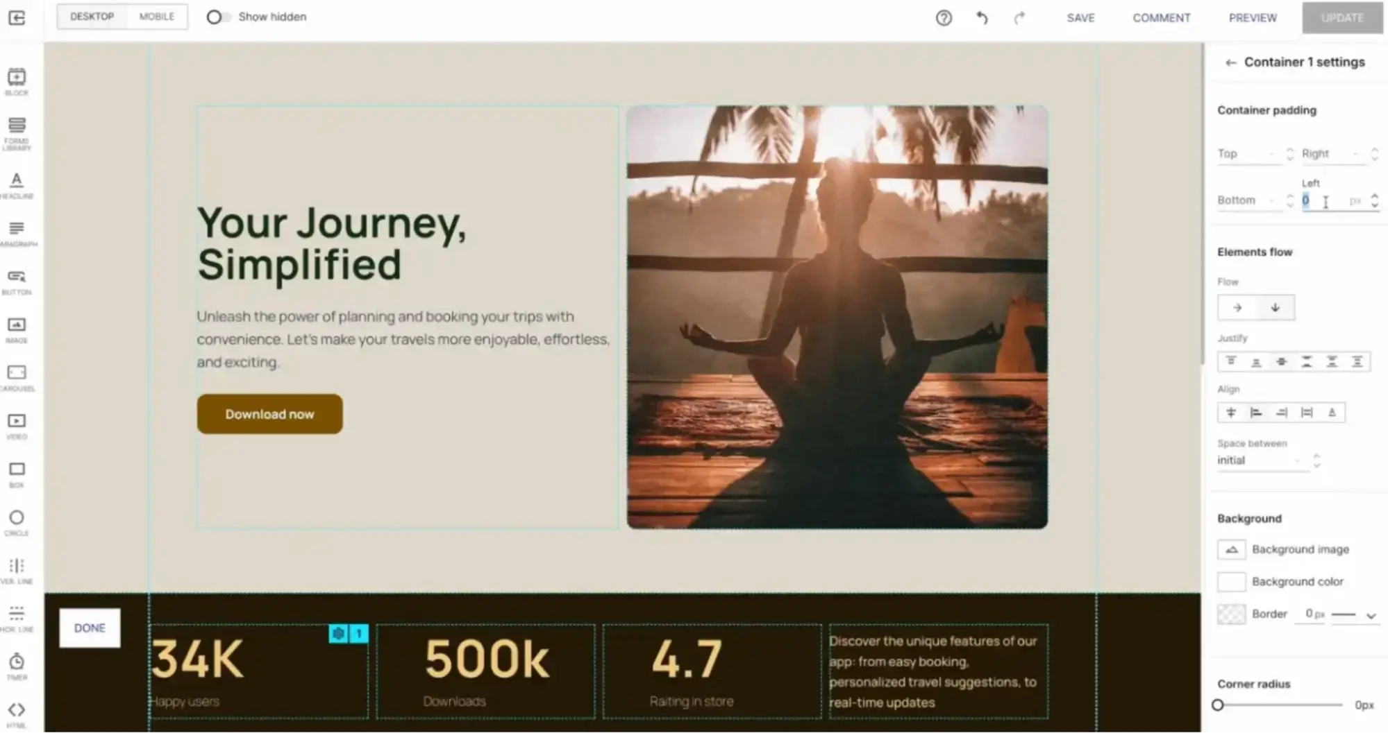 This image shows a screenshot of a webpage editor showing a travel-themed design with the headline "Your Journey, Simplified," a download button, and a photo of a person meditating. The left panel contains editing tools, and the right panel displays container settings.