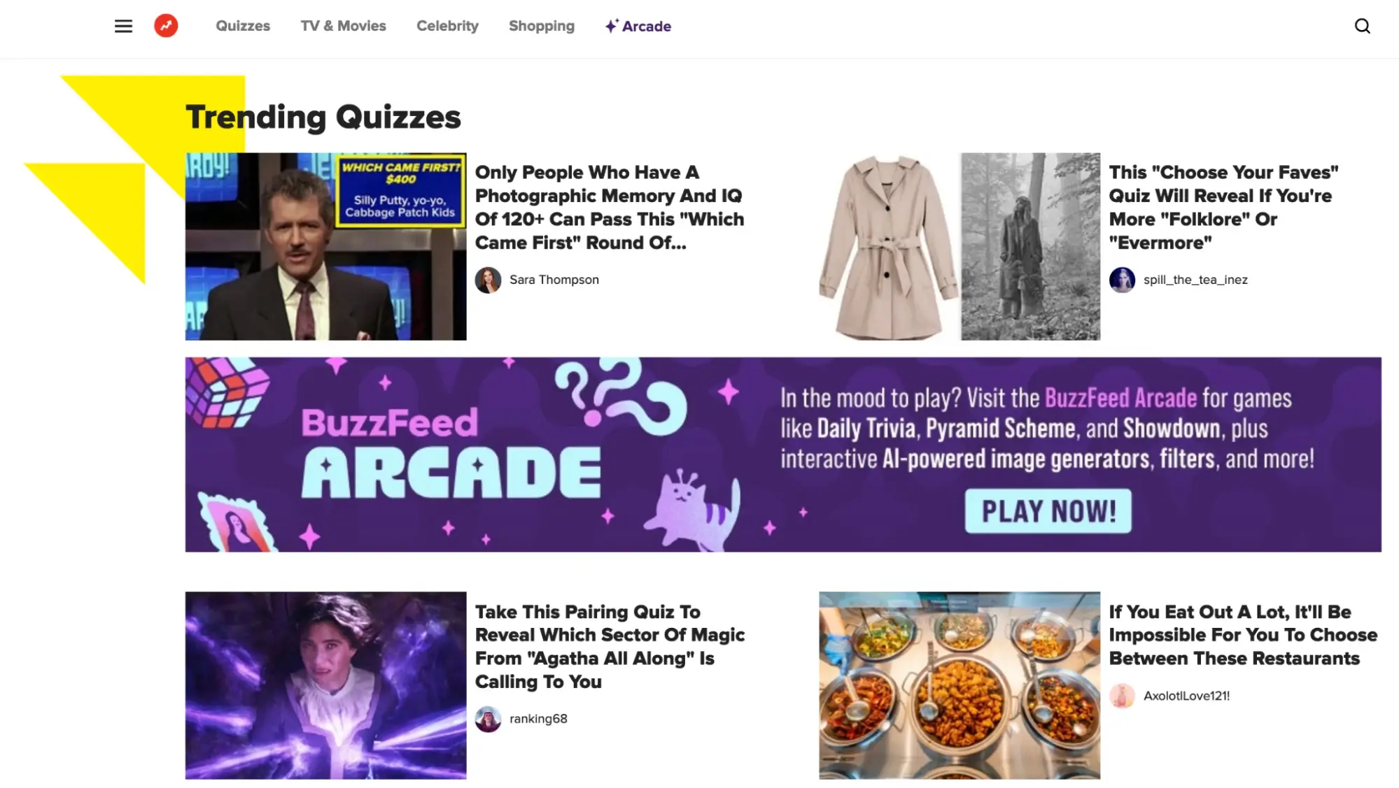 This is a screenshot of a BuzzFeed website showing trending quizzes and a banner for BuzzFeed Arcade with games like Daily Trivia and Showdown