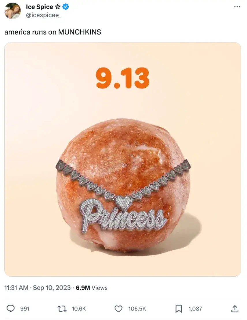This image shows Instagram post of Ice Spice about collaboration with Dunkin’ to promote Munchkins donuts