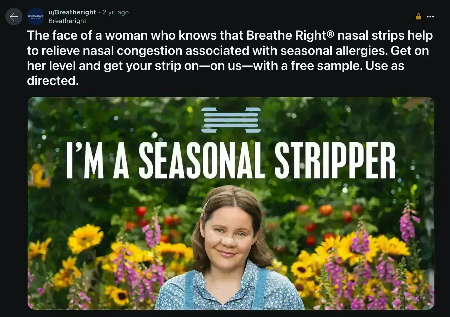 This image shows an example of Breathe Right nasal strips campaign "I'm a seasonal stripper"