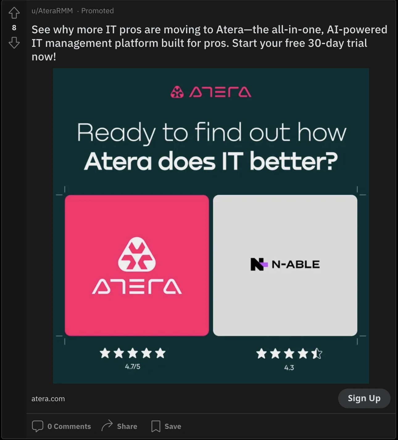 This image shows an example of a Reddit ad for ATERA about why more IT pros are moving to ATERA