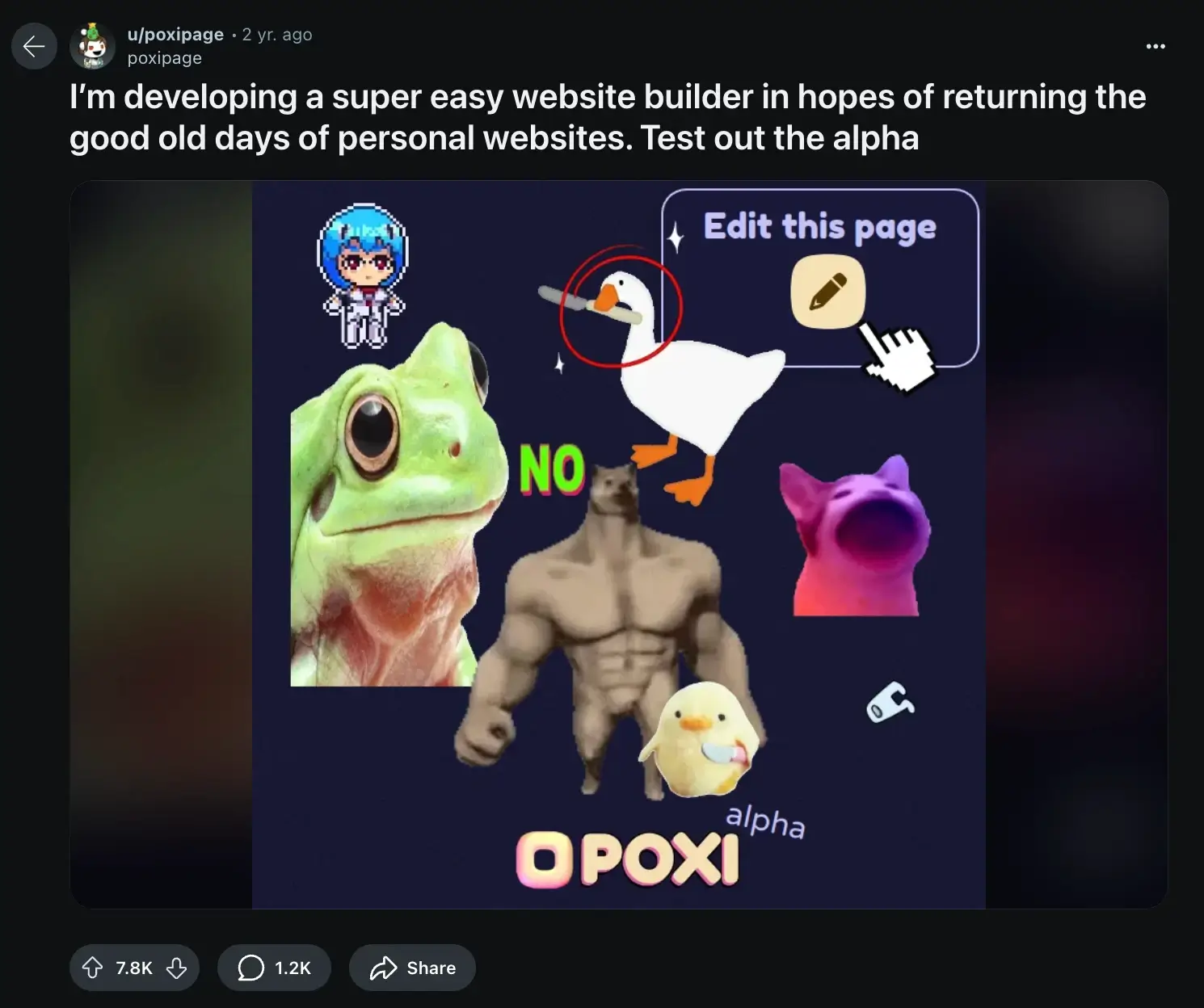 This image shows an example of a Reddit ad, where an indie developer promotes the alpha of a website builder making CTA visible and clear